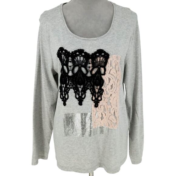 Chico's Tops - Chicos Zenergy Top 3 Womens XL 16 Gray T-shirt Lace Scoop Neck Pullover Whimsy